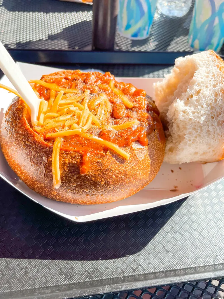 Chili in a sourdough bread bowl from Boudin Bakery in San Francisco.