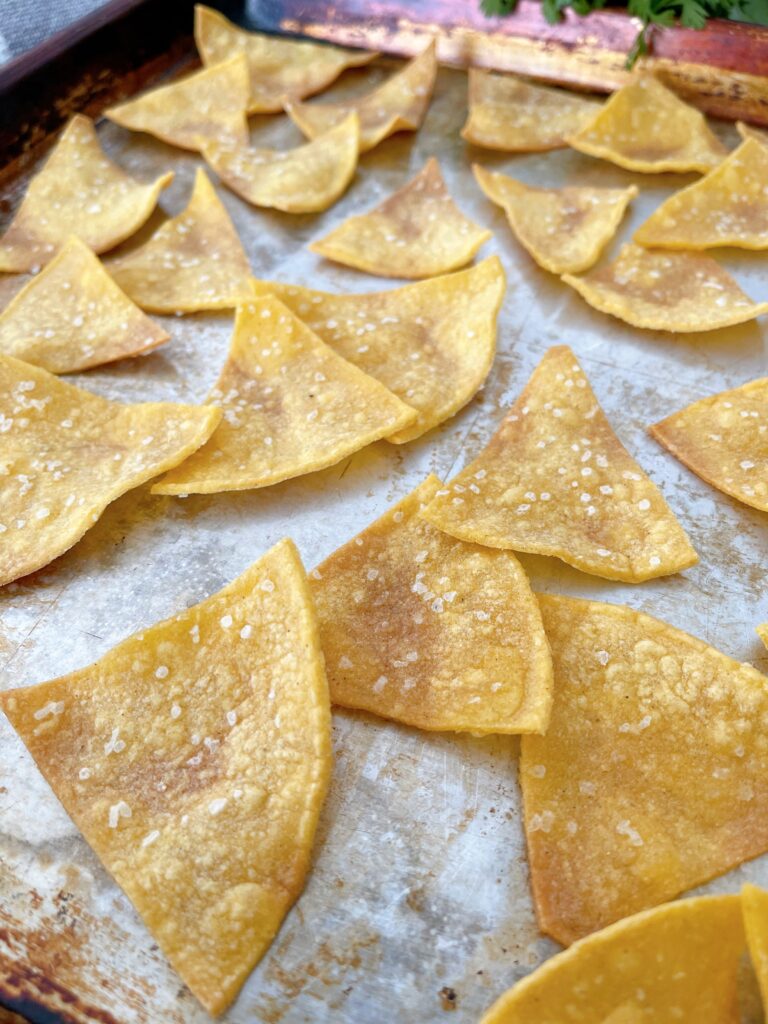 A pan of baked tortilla chips.