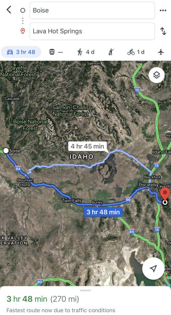 Map showing a driving route from Boise, Idaho to Lava Hot Springs Idaho.