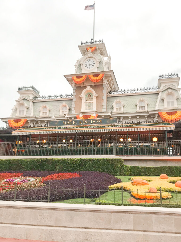 Magic Kingdom train staton decorated for Halloween.