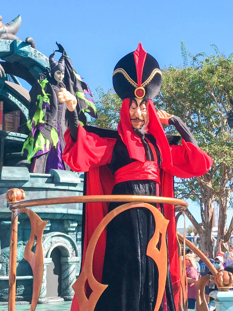 Jafar from Aladdin in a cavalcade at Magic Kingdom.