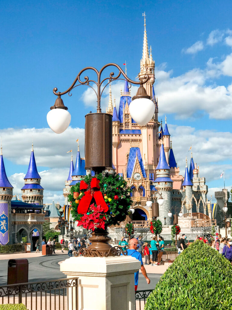 Cinderella Castle decorated for Christmas.