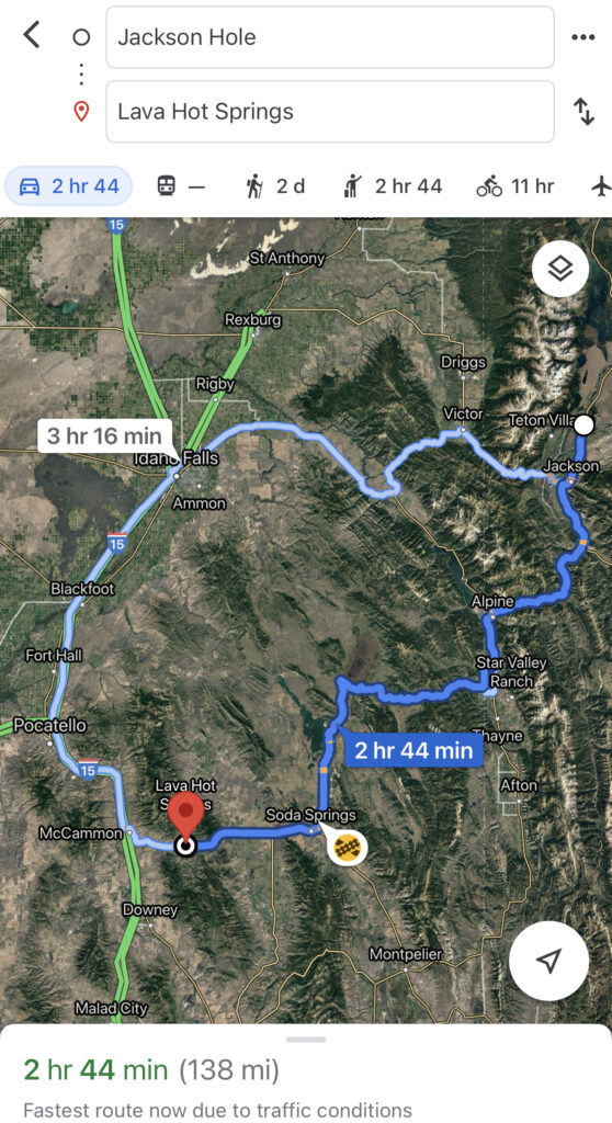 Map from Jackson Hole, Wyoming to Lava Hot Springs, Idaho.