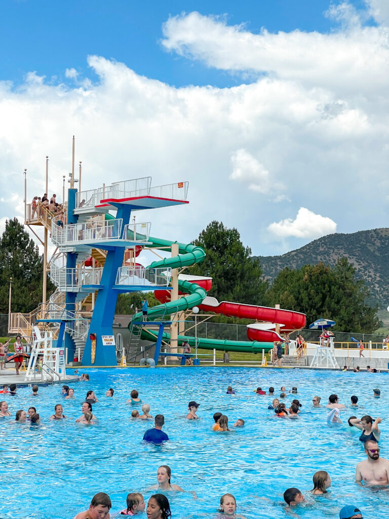 Lava Hot Springs Olympic pool, diving tower, and water slides.