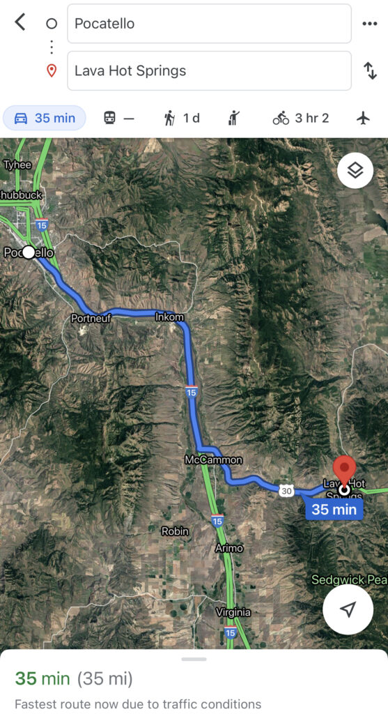Distance from Pocatello, Idaho to Lava Hot Springs.