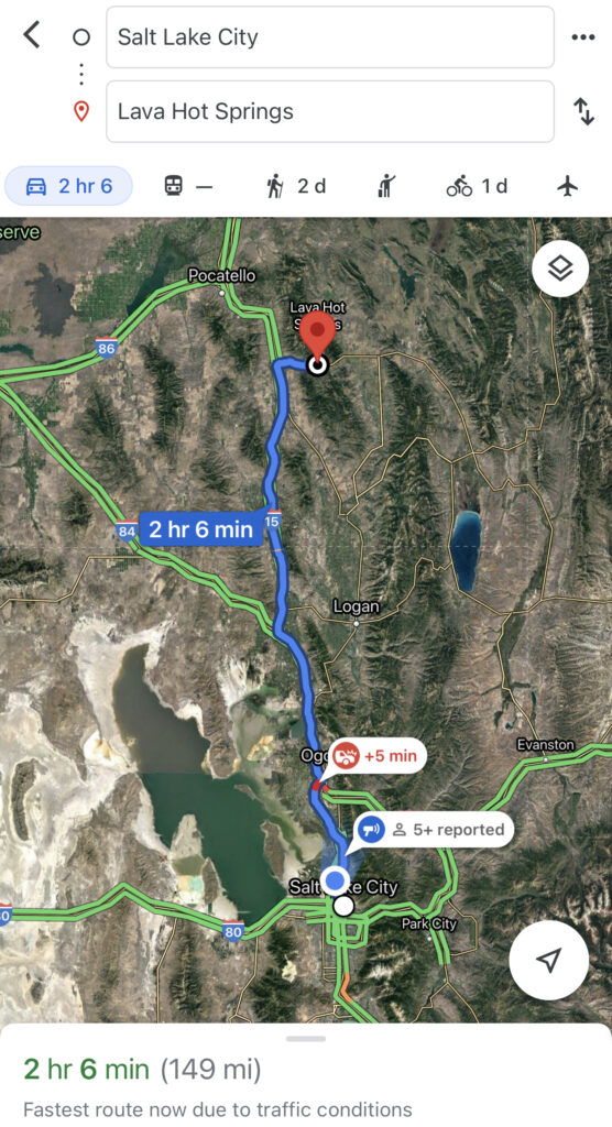 Map showing the route from Salt Lake City, Utah to Lava Hot Springs, Idaho.