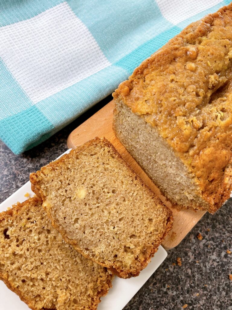 A loaf of zucchini bread cut into slices.