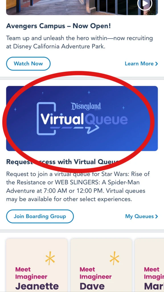 Disneyland Virtual Queue sign on Disneyland app.