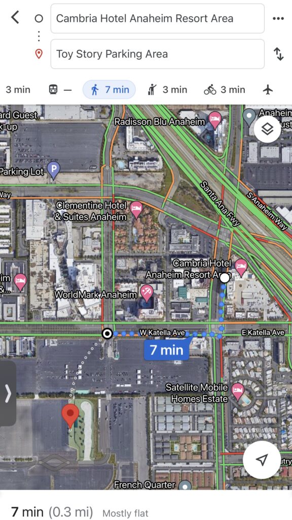 Distance from Cambria Hotel Anaheim to Toy Story Parking Lot.