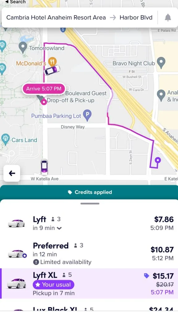 Uber and Lyft prices from Cambria to Disneyland.