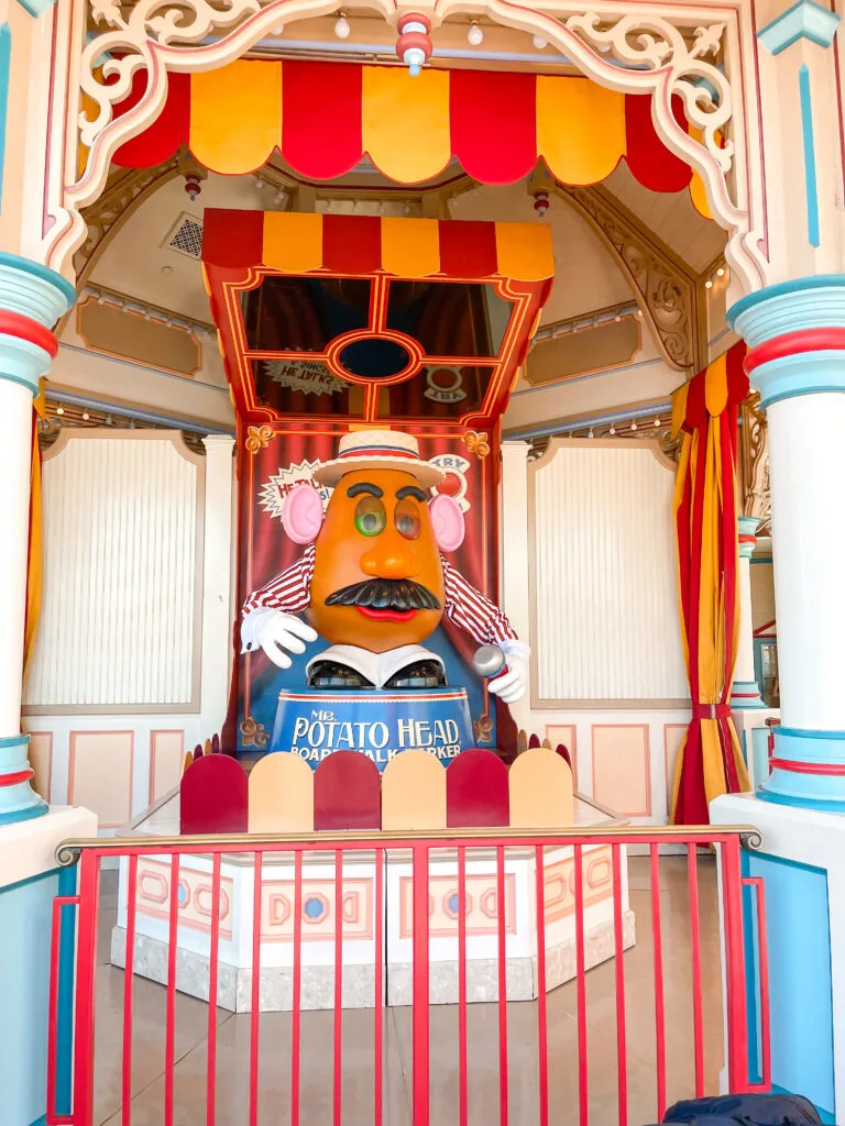 Mr. Potato Head outside Toy Story Mania at Disney California Adventure.