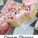Pinterest image for Cream Cheese Sugar Cookie Bars.