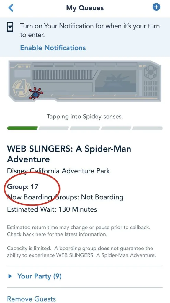Boarding Group confirmation for Web Slingers at Disney California Adventure.