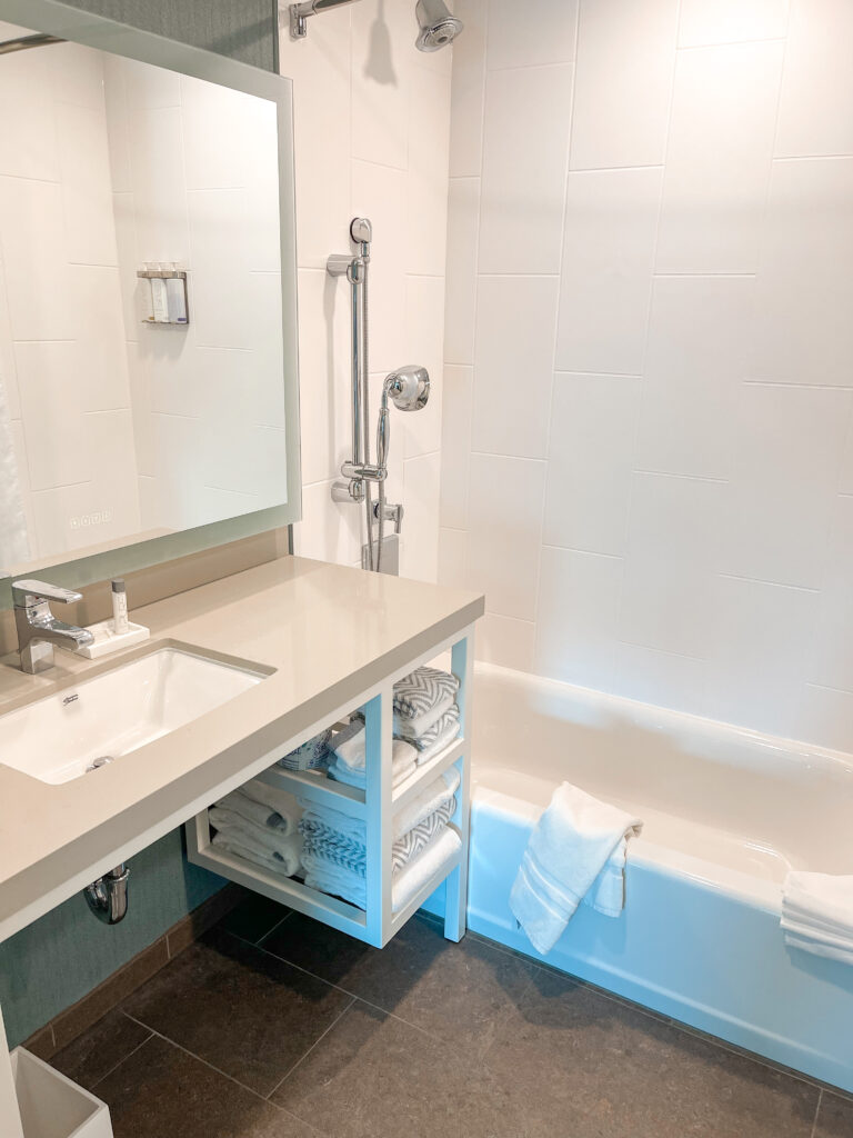 Bathroom with two showers at Cambria in Anaheim.