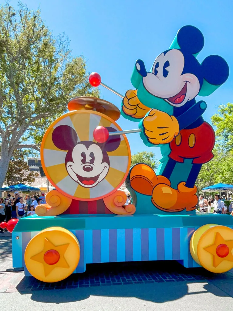 Mickey Mouse float from a parade on Main Street at Disneyland.