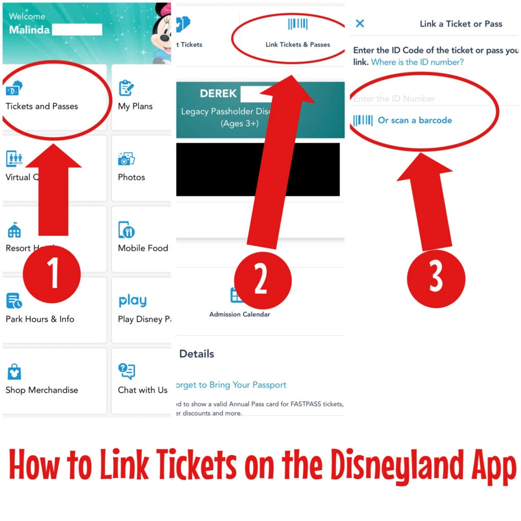 Instructions to link tickets on the Disneyland app.