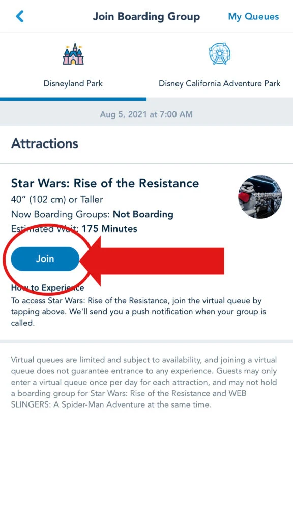 Click "join" to get into a boarding group for Rise of the Resistance and Web Slingers.
