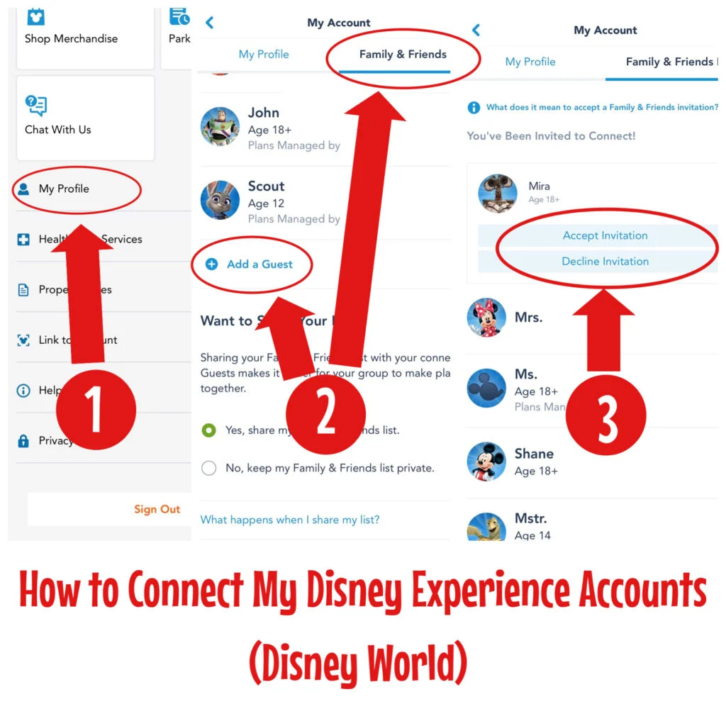 Instructions to link Disney accounts in the My Disney Experience app.