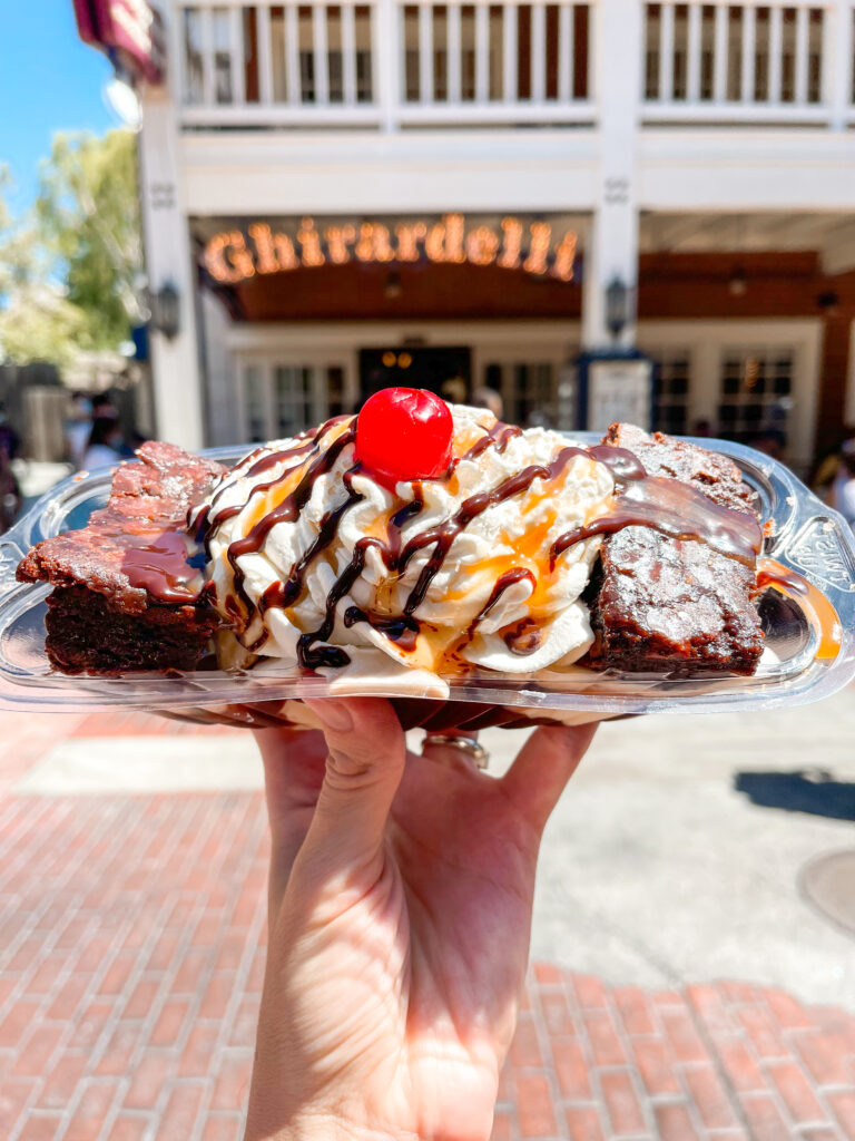 Salted Caramel Brownie Sundae from Ghirardelli Soda Fountain at Disneyland.