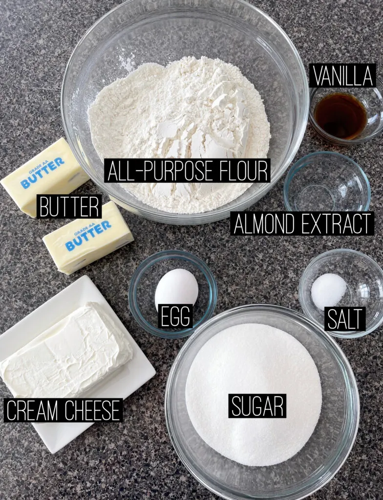 Ingredients needed to make Cream Cheese Sugar Cookie bars.