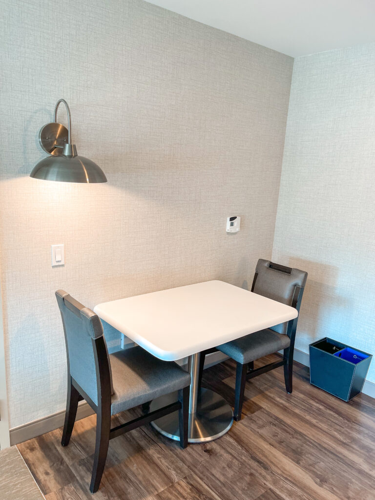 Dining table by the mini kitchen at the Cambria.