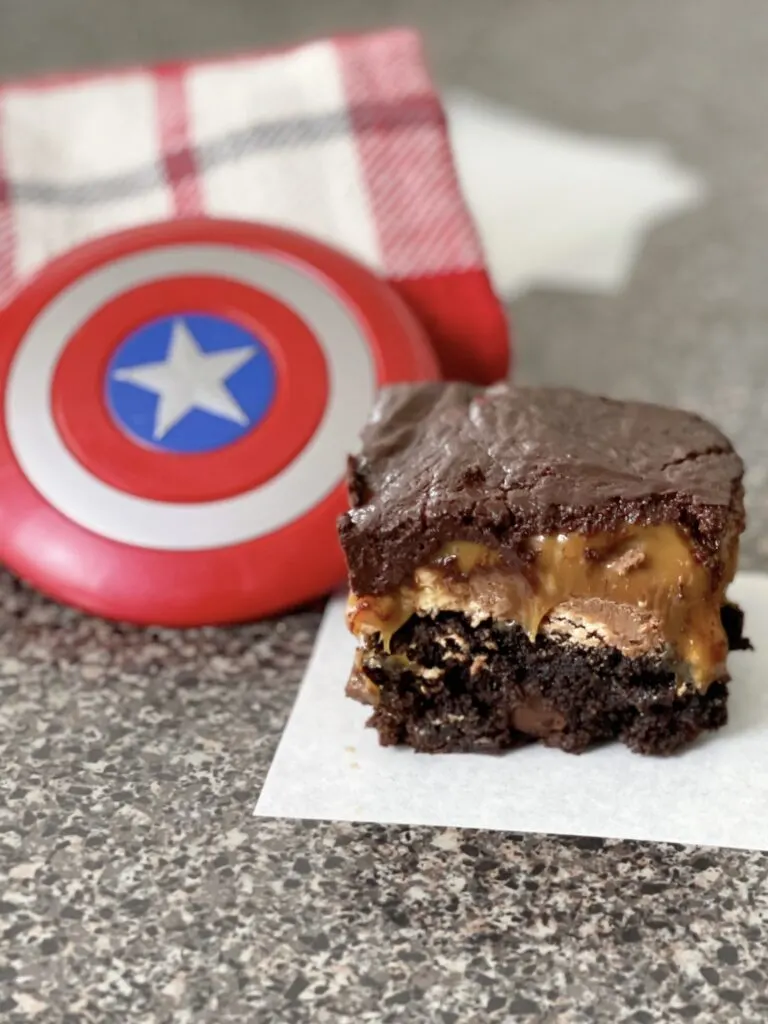 A Choco-Smash Candy Bar Brownie and a Captain America shield.