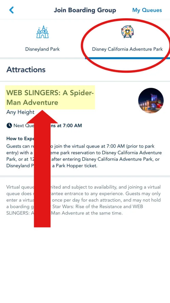 Choose Disney California Adventure for Web Slingers: A Spider-Man Adventure.