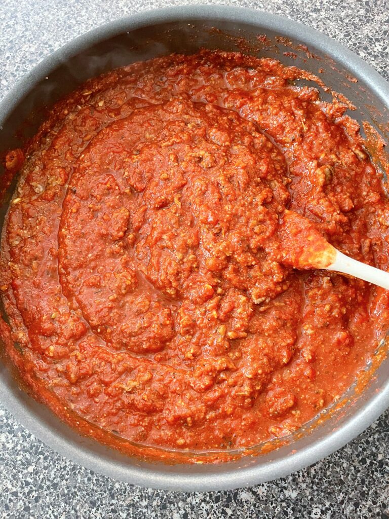 A pan of homemade spaghetti sauce.