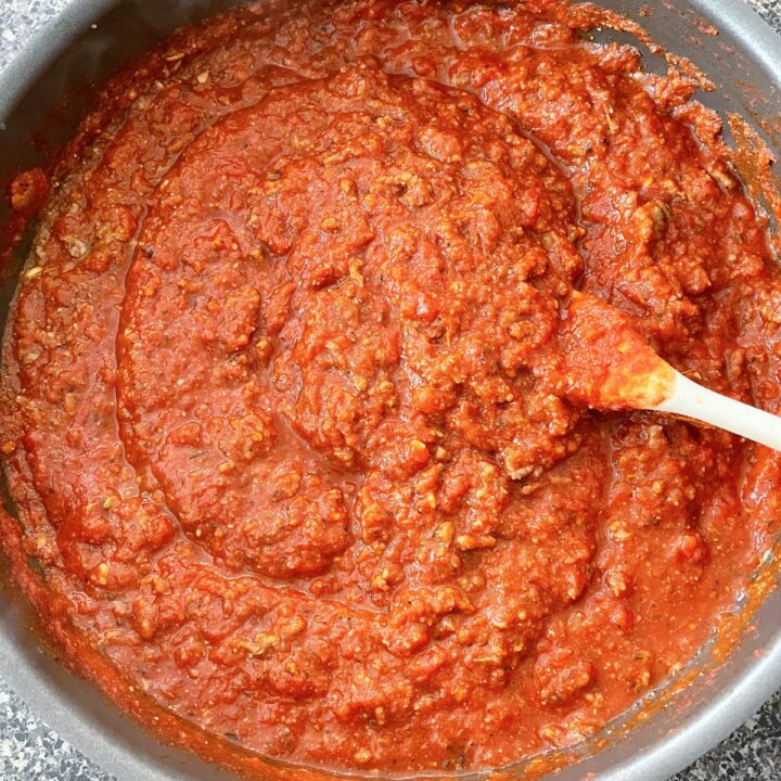 A pan of homemade spaghetti sauce.