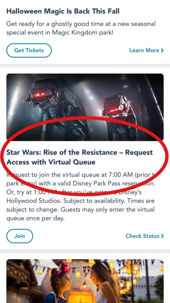 How to access the virtual queue for Rise of the Resistance on the My Disney Experience App.