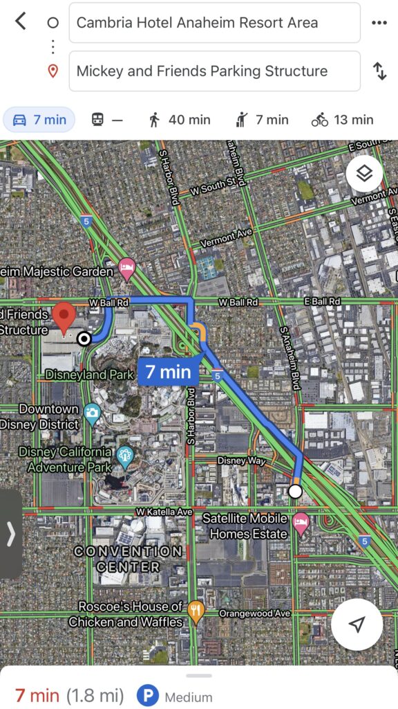 Map showing how long it takes to get from Cambria Hotel & Suites to Disneyland parking.