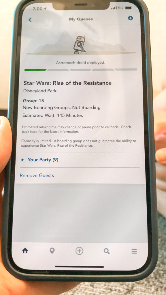 Phone screen showing a boarding group for Rise of the Resistance.