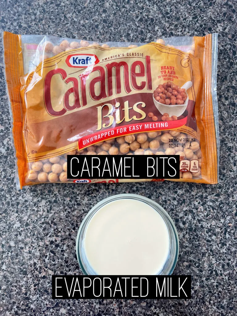 A bag of caramel bits and a bowl of evaporated milk.
