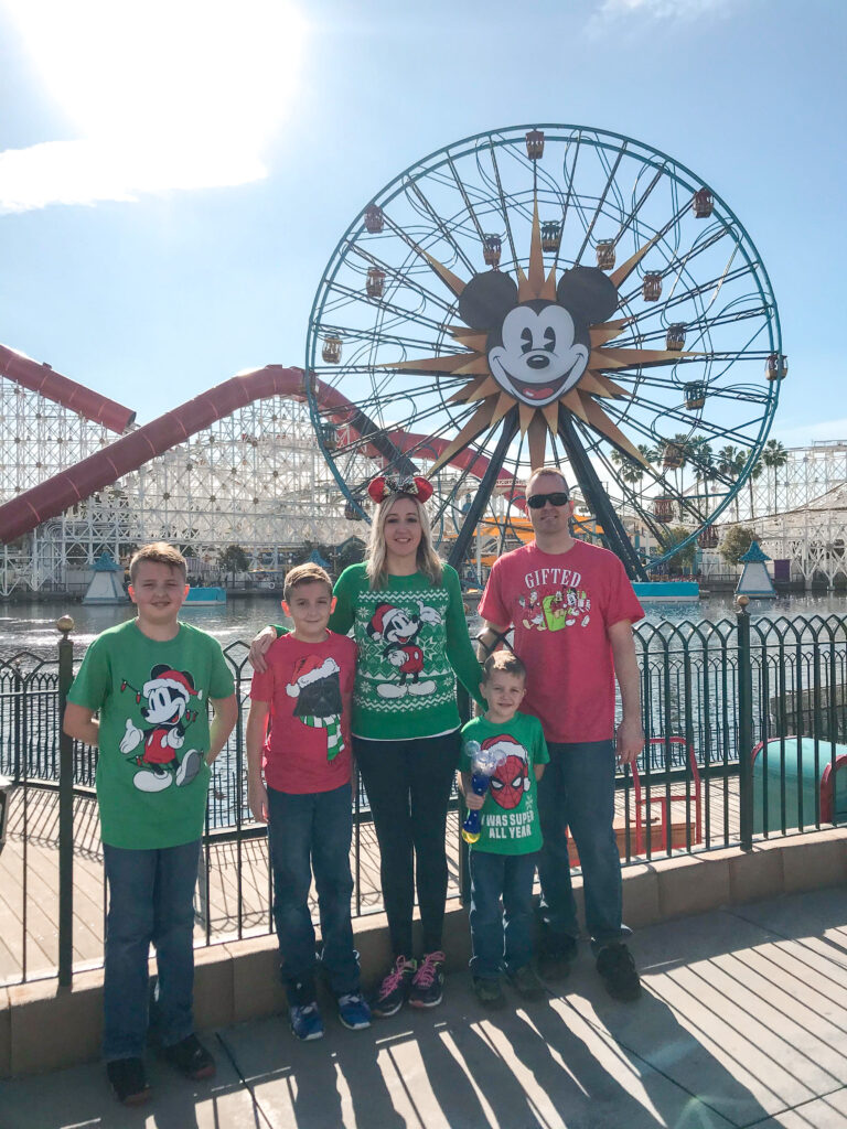A family in front of the ferris wheel at Disneyland.