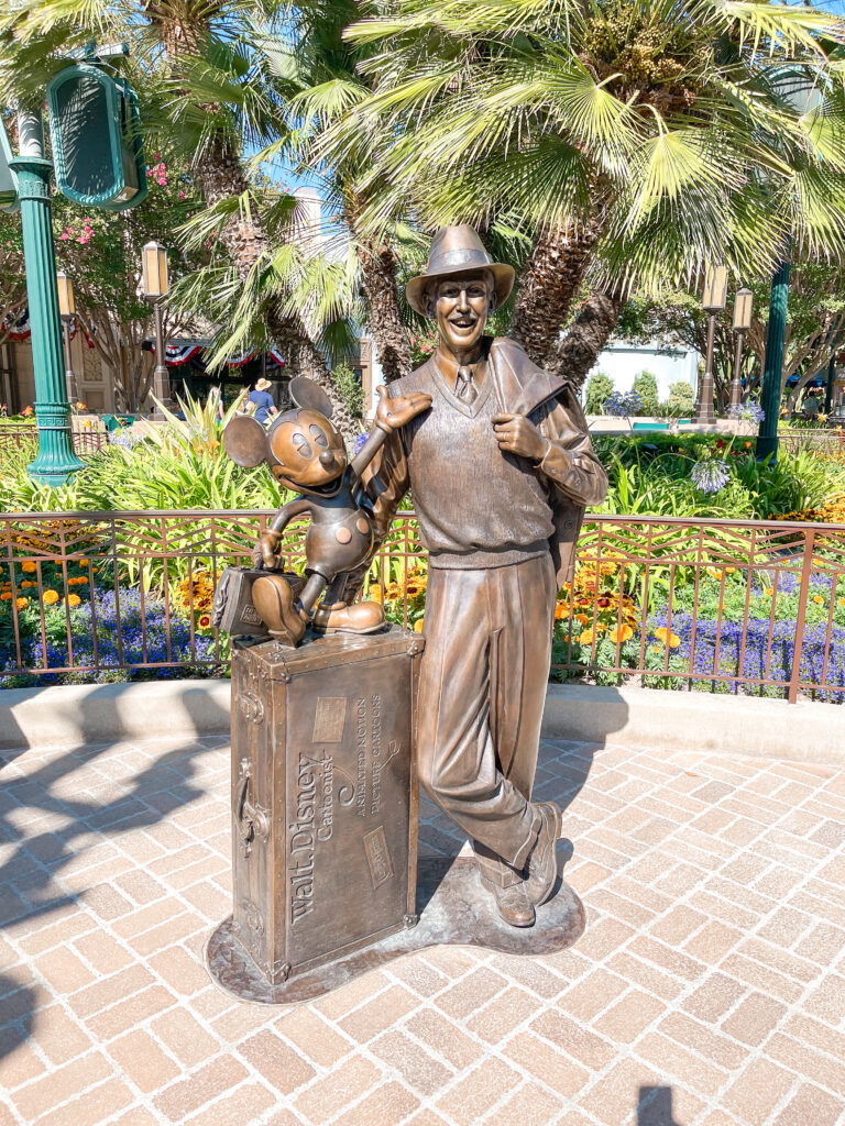 Statue of Walt Disney and Mickey Mouse at Disney California Adventure.