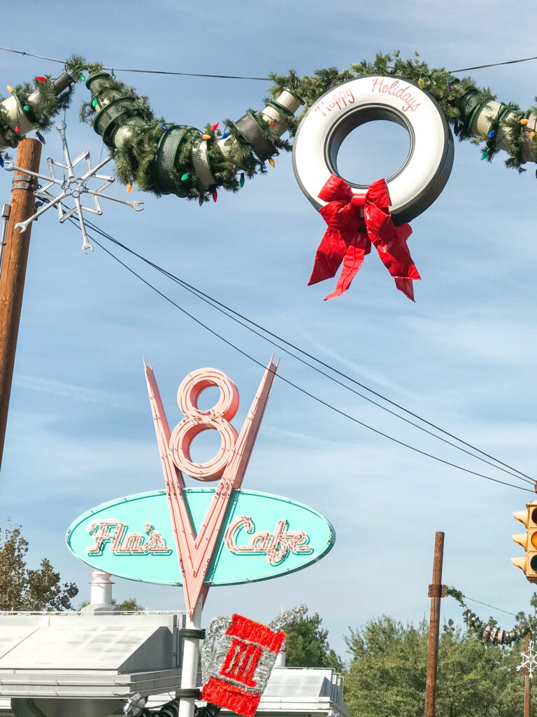 Cars Land at Disneyland decorated for Christmas.