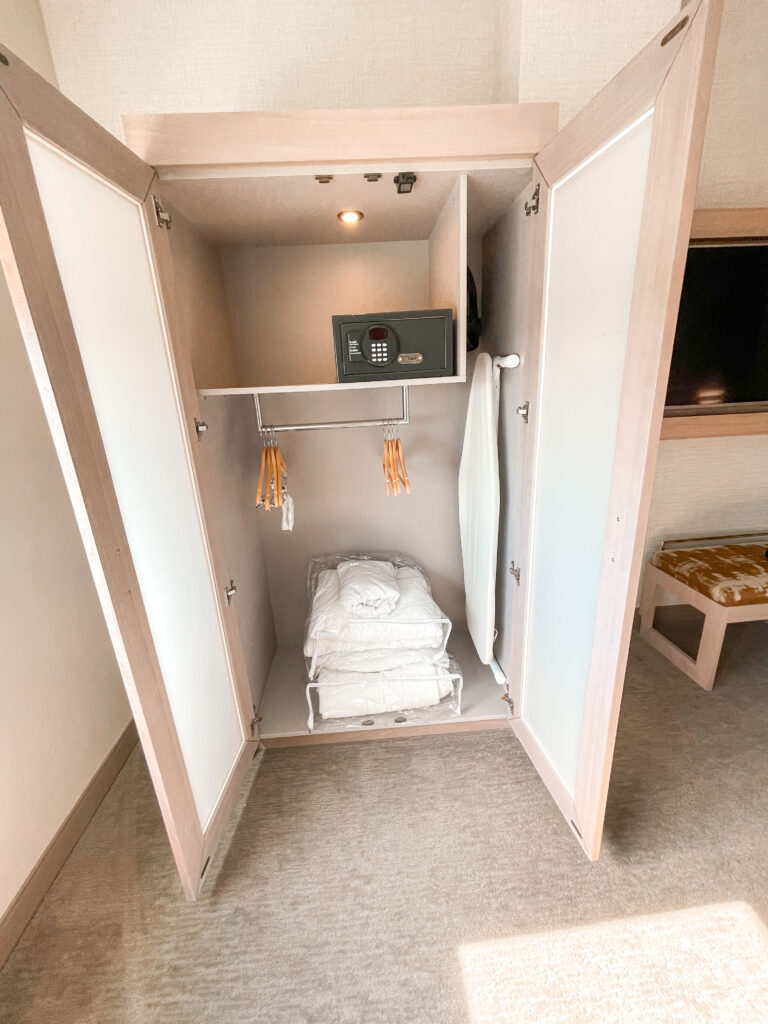 Inside view of closet/wardrobe at Cambria hotel in California.