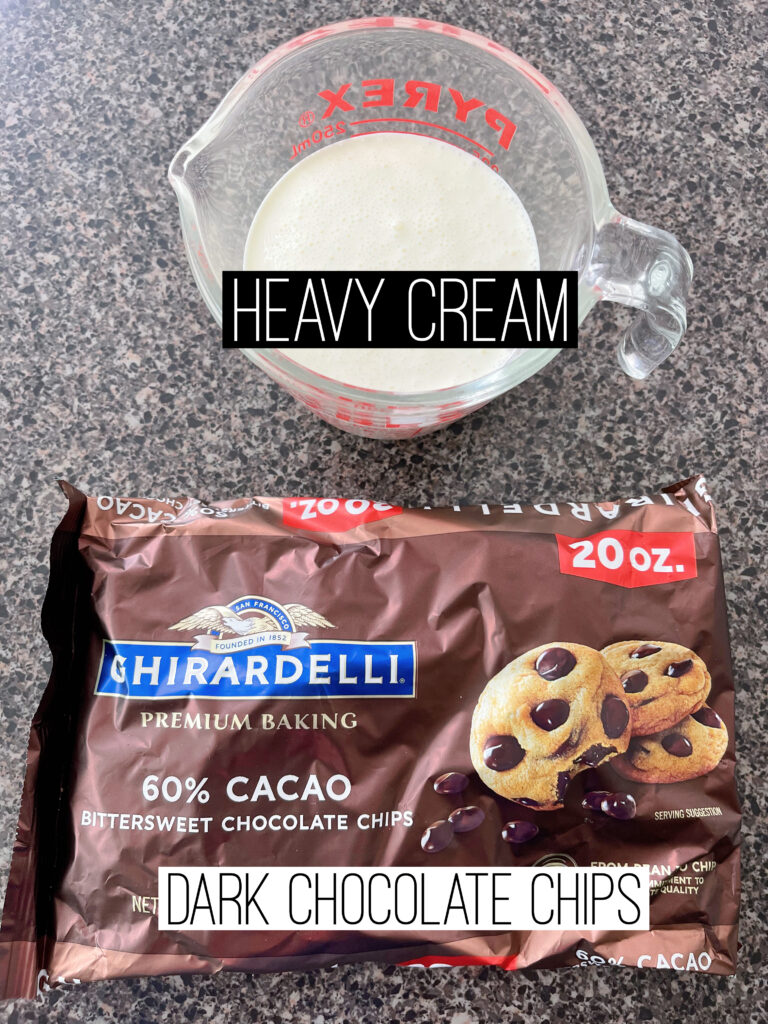 A measuring cup of heavy cream and a bag of Ghirardelli dark chocolate chips.