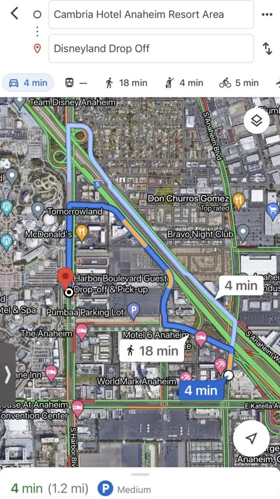 Distance from Cambria Hotel & Suites to Disneyland.