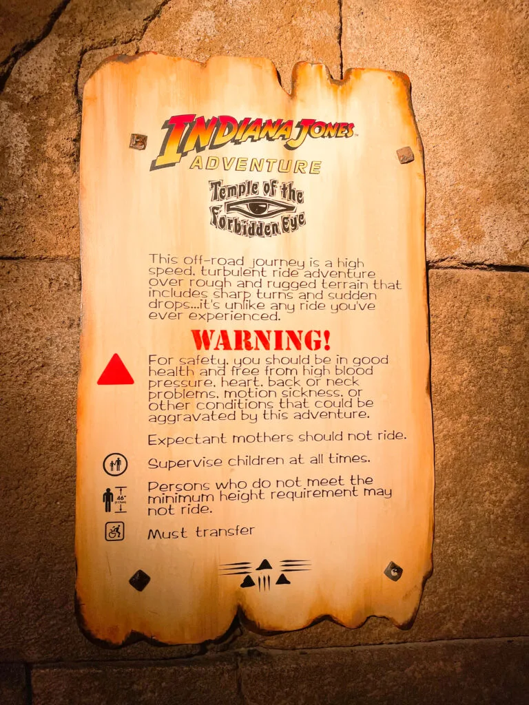 Warning sign from Indiana Jones Adventure at Disneyland.