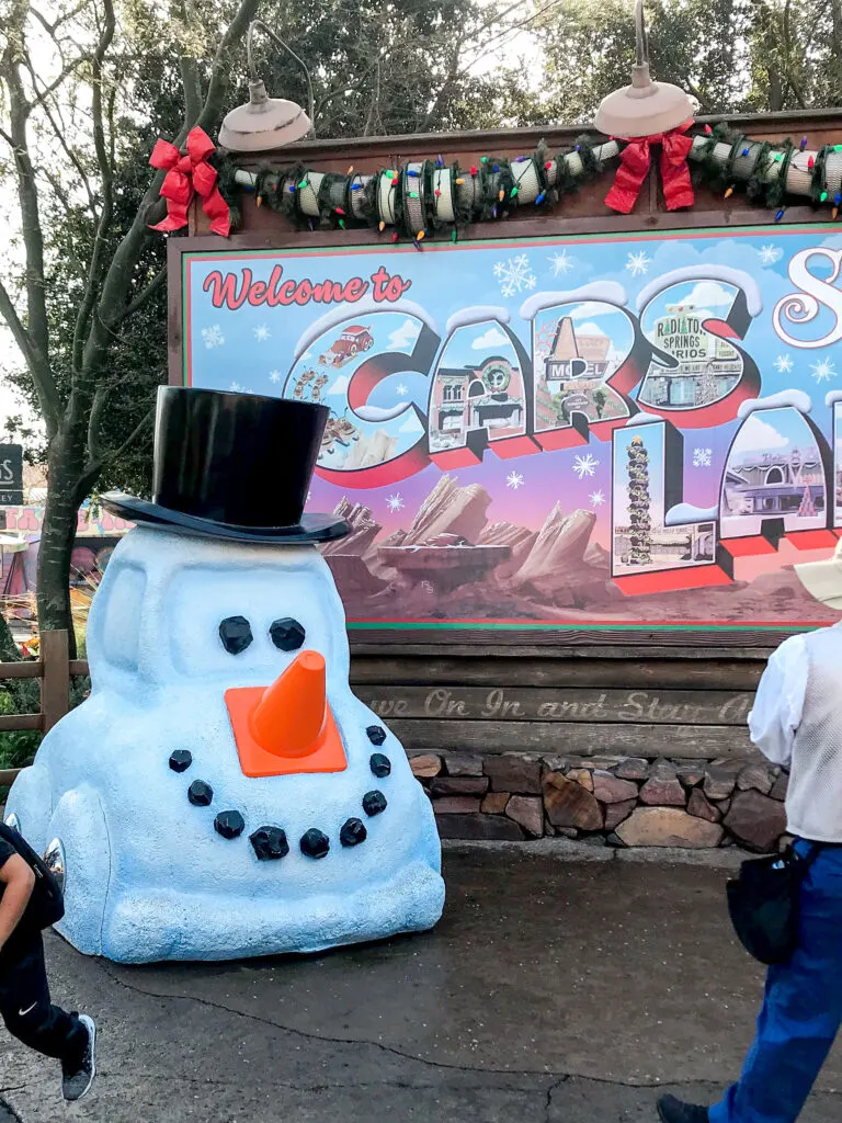 Cars Land decorated for Christmas.