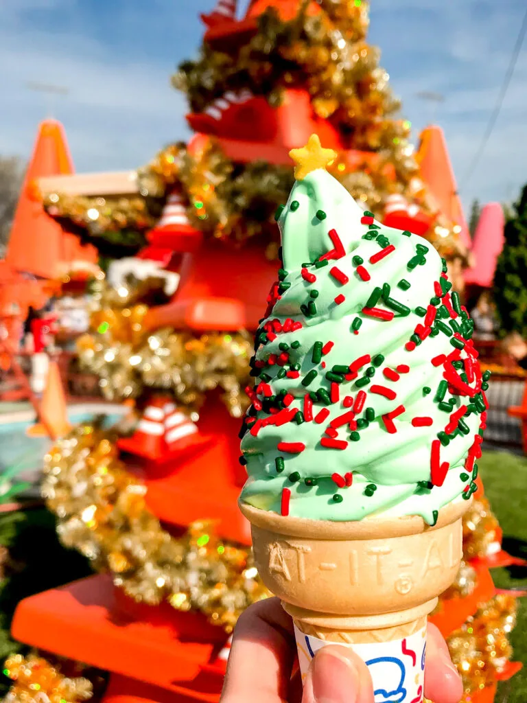 Peppermint Christmas Tree Ice Cream Cone at Cozy Cone Motel at Disneyland.