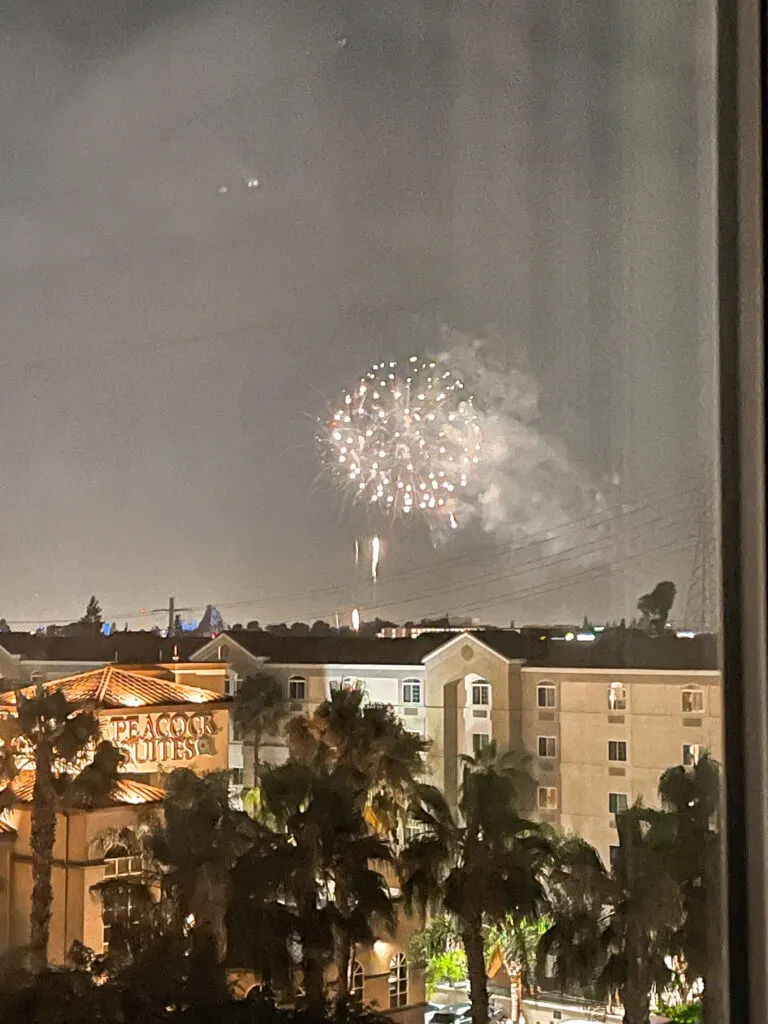 View of Disneyland fireworks from Cambria Suites Anaheim Resort.