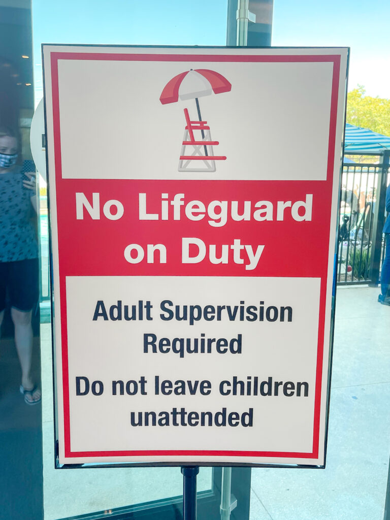 No lifeguard on duty sign at the water park of cambria suites.