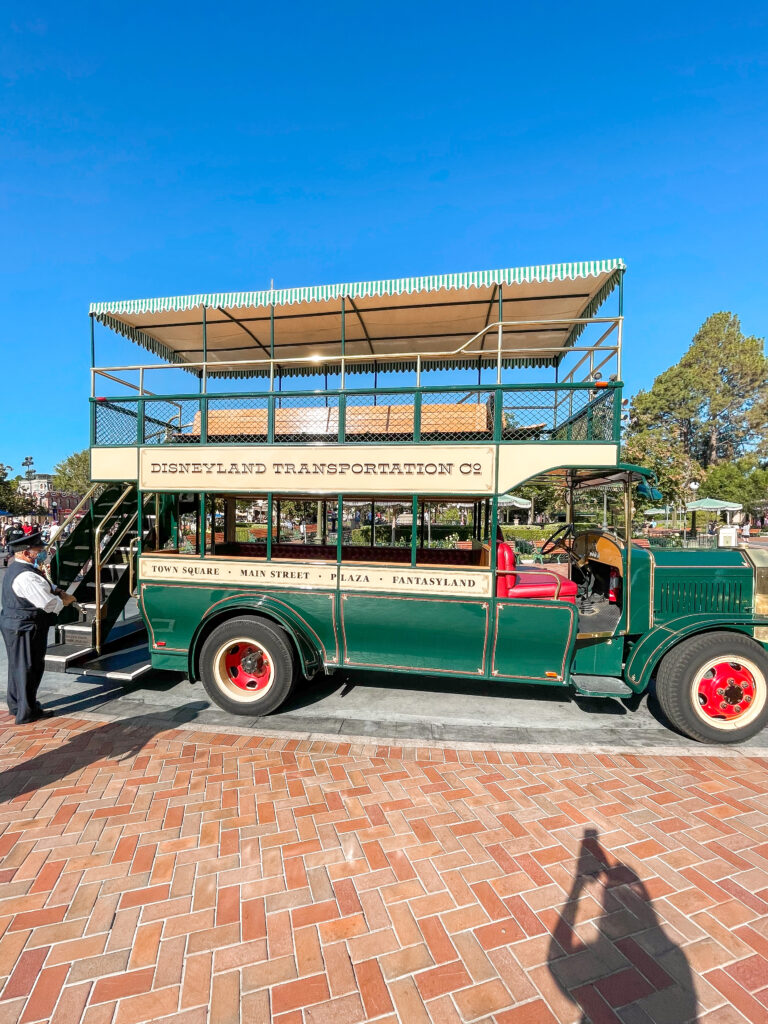 Double decker bus on Main Street at Disneyland.