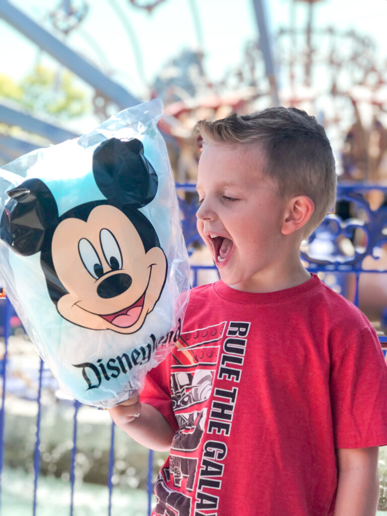 A boy and a bag of Cotton Candy from Disneyland.