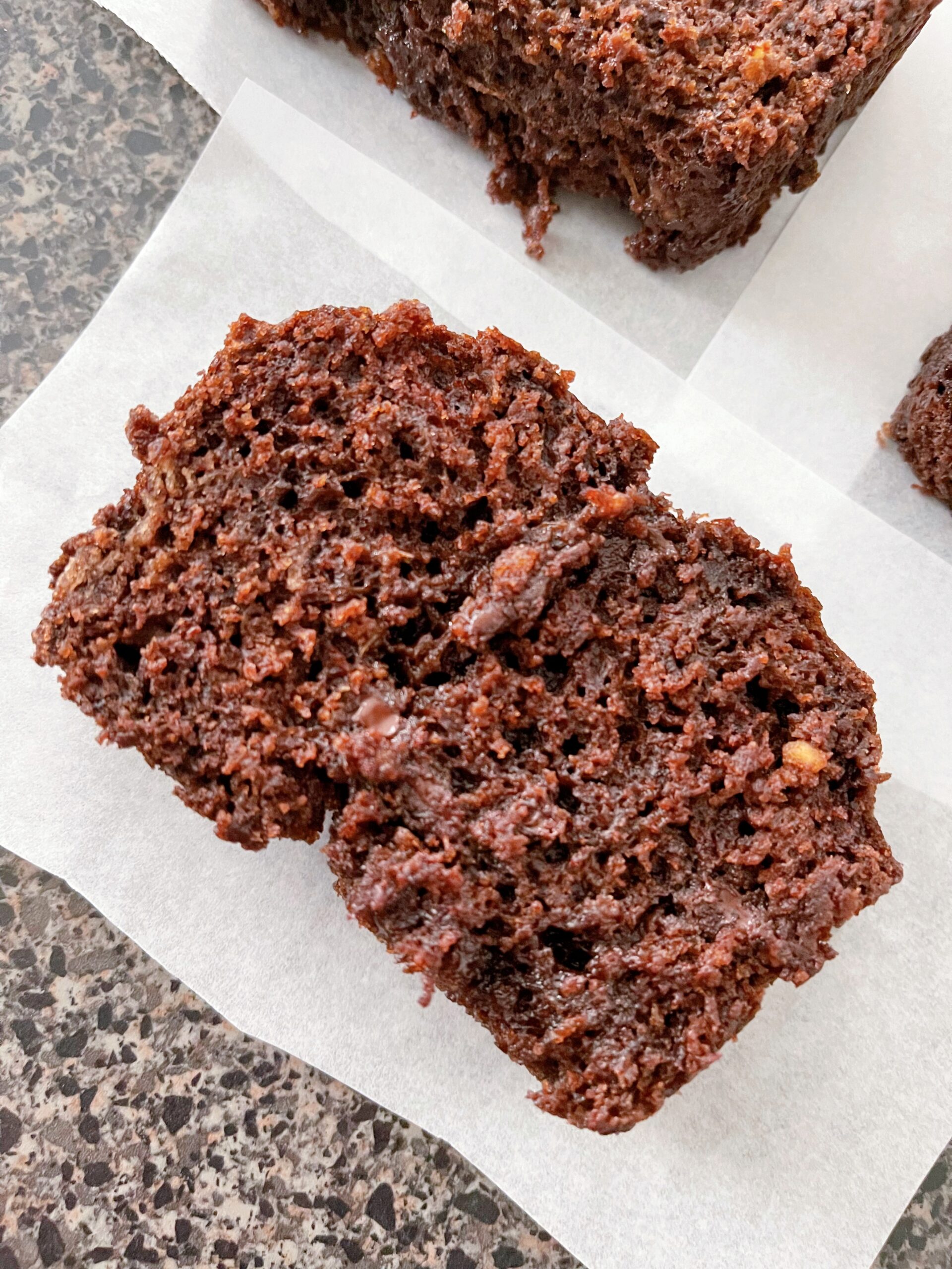 A slice of chocolate zucchini bread.