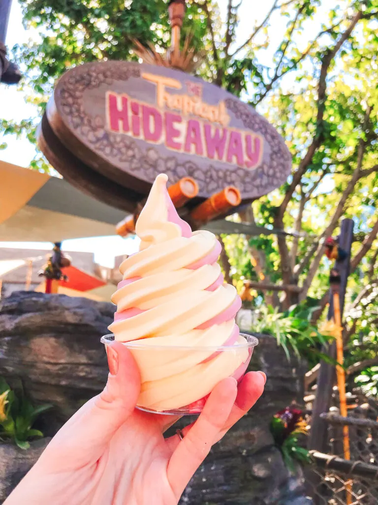 Raspberry and Pineapple Swirl Dole Whip from Tropical Hideaway at Disneyland.