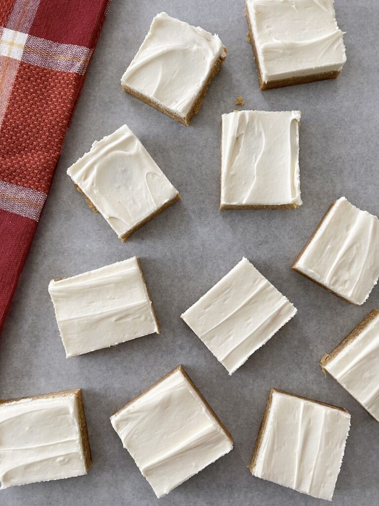 Pumpkin Sugar Cookie Bars with cream cheese frosting.