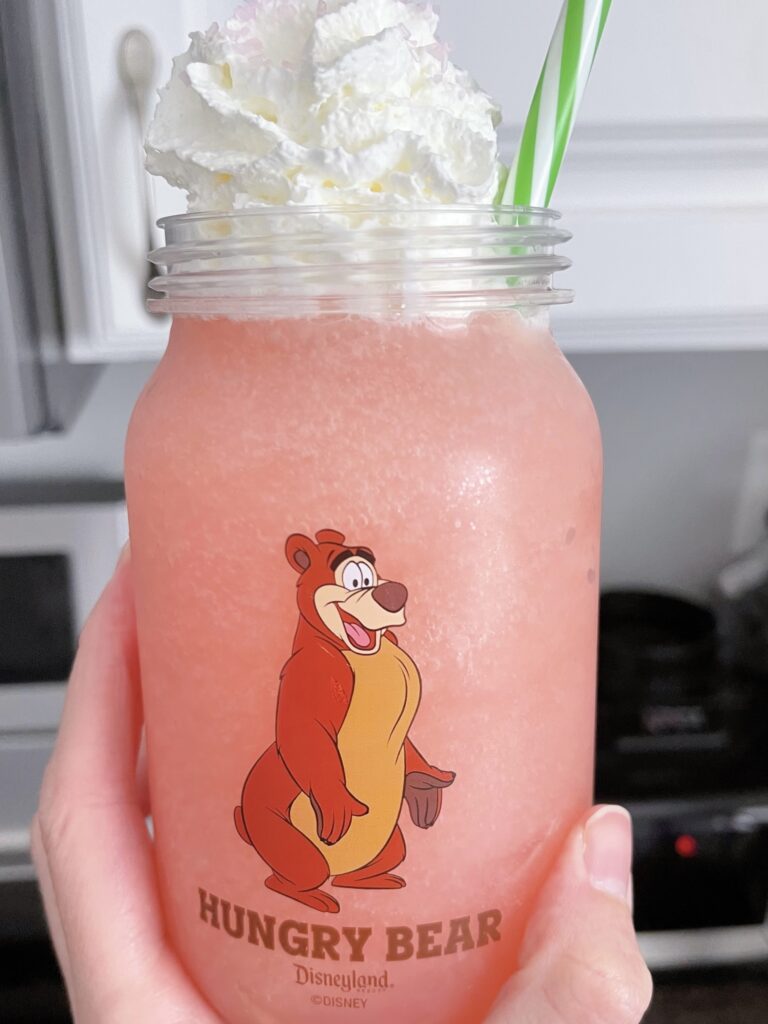 Homemade version of Disneyland's Watermelon Lemonade Freeze in a mason jar cup.